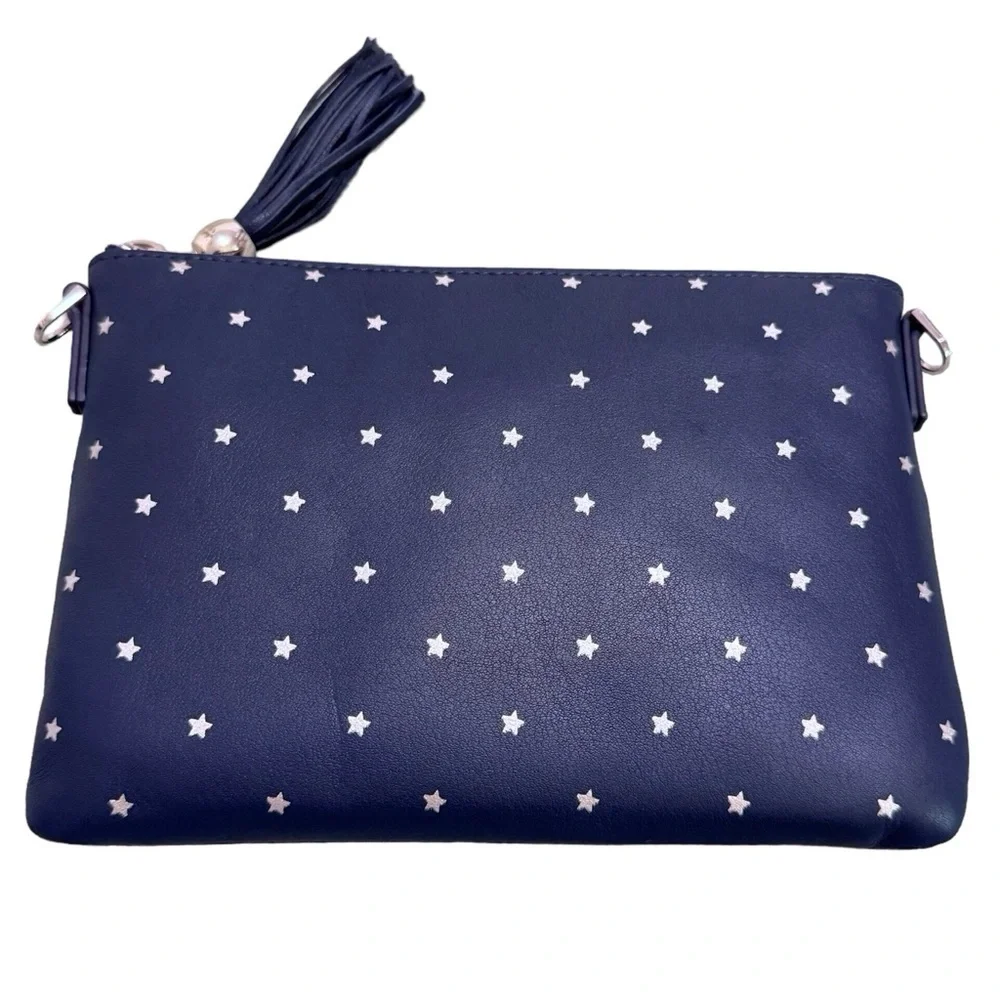 LEATHER TASSEL ZIPPER CROSSBODY in Navy Star NEW